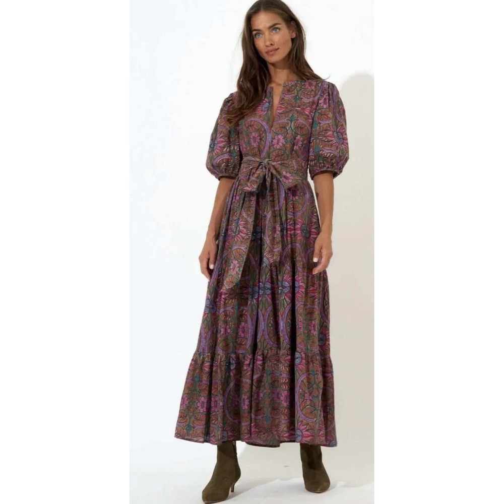 Oliphant Floral Paisley Maxi Dress Large Puff Sleeve Cotton Belted Boho Prairie